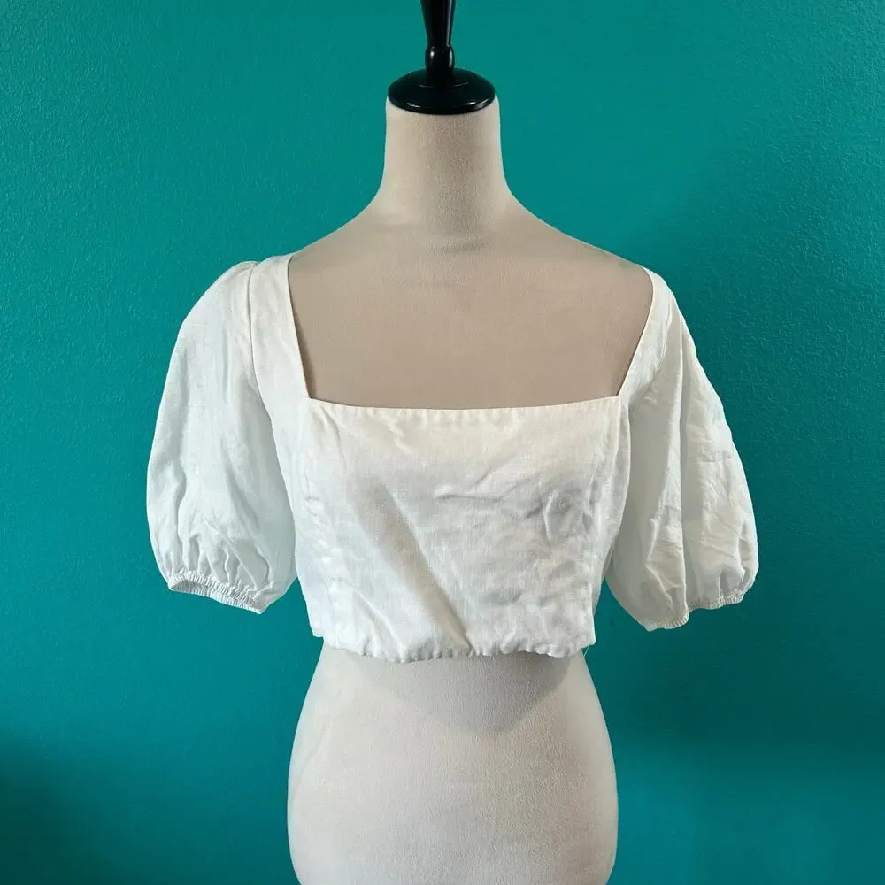 Reformation White Linen Cropped Top Puff Sleeve Smocked Chic Casual Size 10